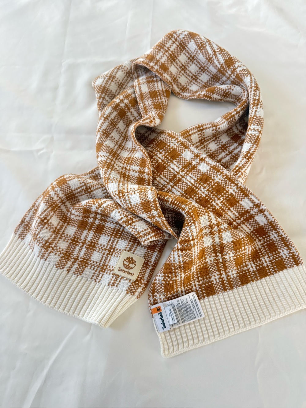 Timberland camel and White Plaid Knit Scarf